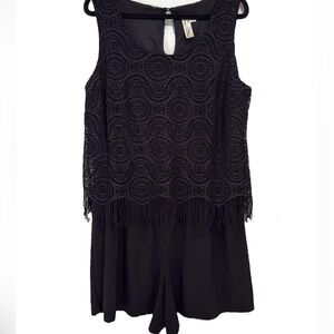 Emma & Michele Romper Shorts Black Lace Accents with fringe 1 Piece Women’s Lg
